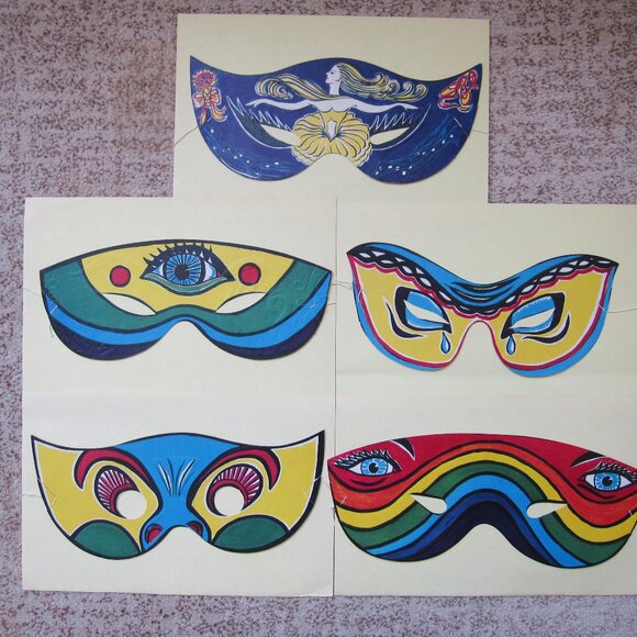 Vintage Set of 5 Masks Masquerade Halloween Carnival Fantasy Rainbow Surreal - Picture 3 of 11